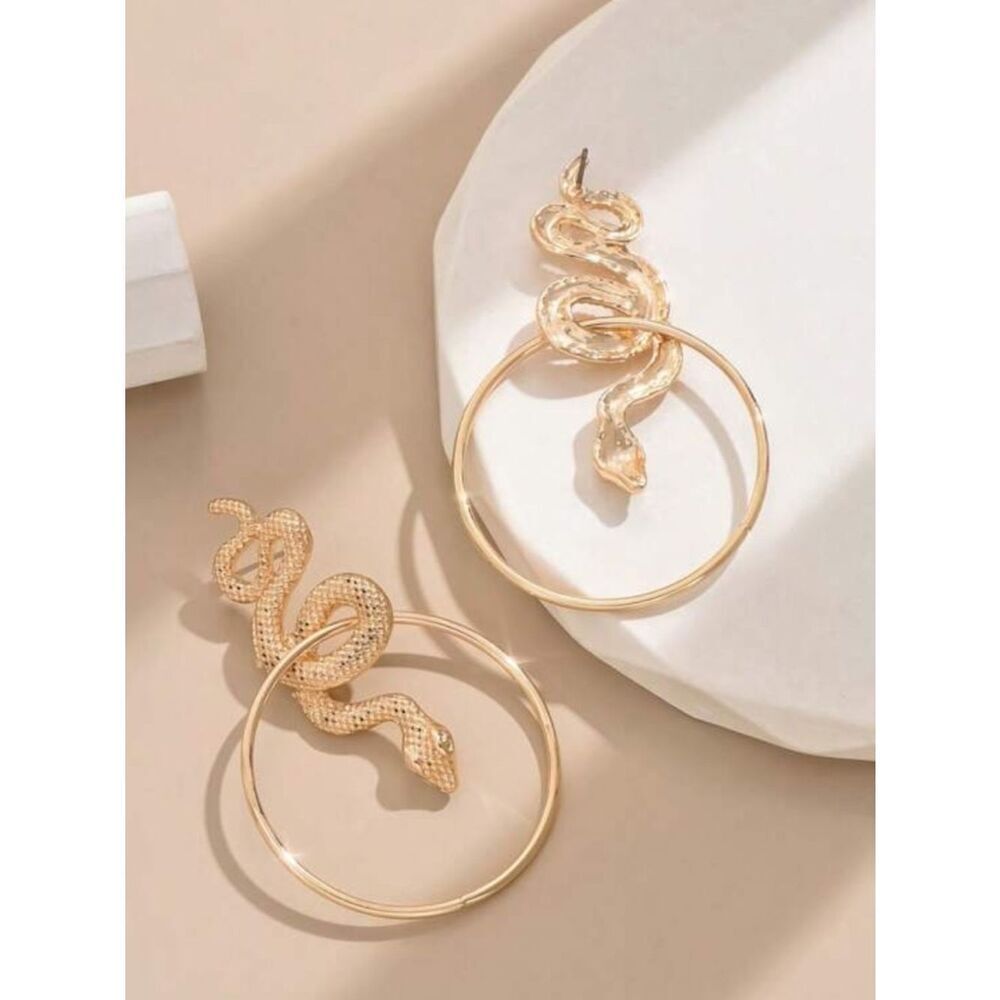 Gold Snake Hoop Drop Earrings A1744 - Picture 2 of 3
